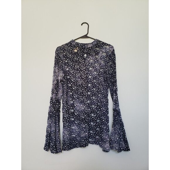 Artistic Works by Lu Womens M Blouse Bell Sleeves Mock Neck Lace Semi Sheer Blue - Picture 2 of 6